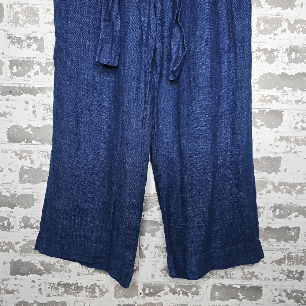 Faherty Pants Womens M 100% Linen Blue Garbage Bag Waist Palazzo Wide Leg Boho - Picture 2 of 12